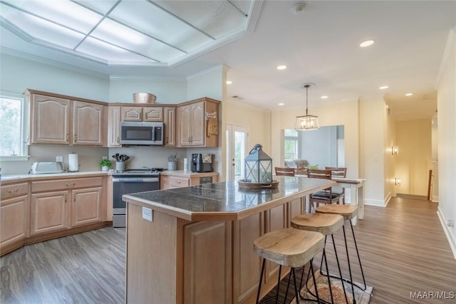 kitchen featuring a kitchen breakfast bar, a healthy amount of sunlight, crown molding, and stainless steel appliances