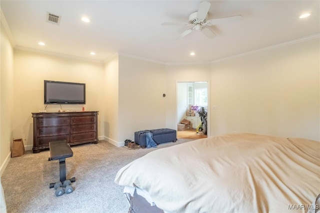 carpeted bedroom featuring ornamental molding, recessed lighting, visible vents, and baseboards