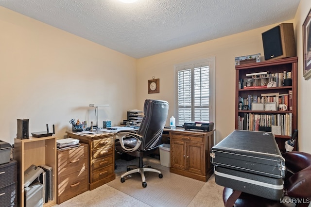 office area with a textured ceiling and light colored carpet