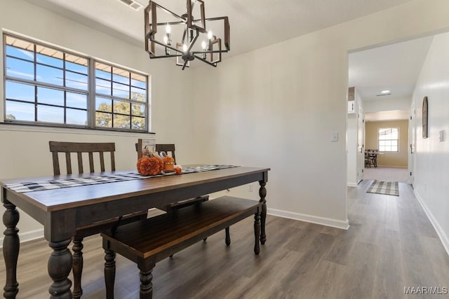 dining room featuring a chandelier, hardwood / wood-style floors, and a wealth of natural light