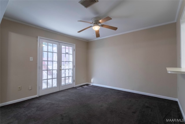 carpeted empty room with french doors, ceiling fan, and crown molding