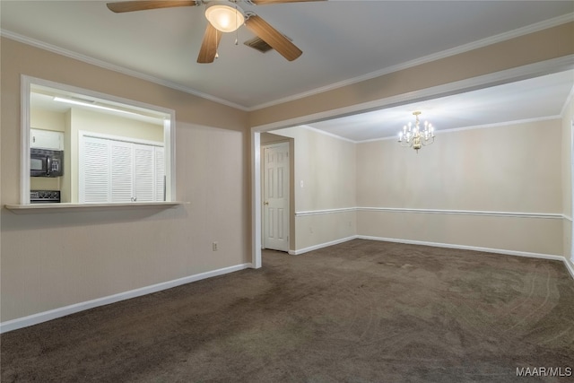 carpeted empty room with ornamental molding and ceiling fan with notable chandelier