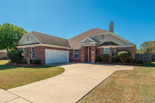 view of front of house with a garage and a front lawn