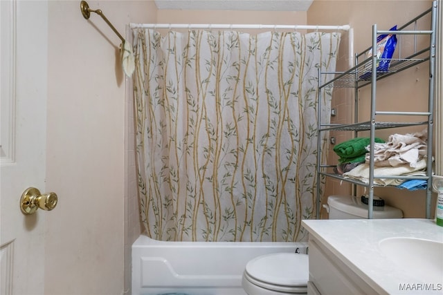 full bathroom featuring toilet, vanity, and shower / bathtub combination with curtain