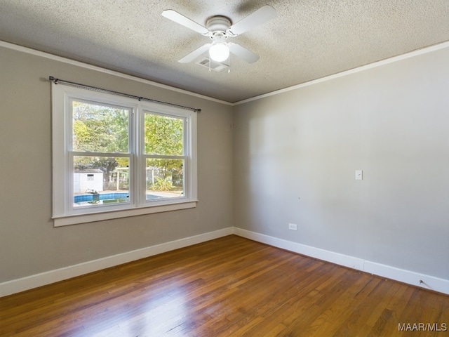 unfurnished room featuring a textured ceiling, crown molding, hardwood / wood-style flooring, and ceiling fan