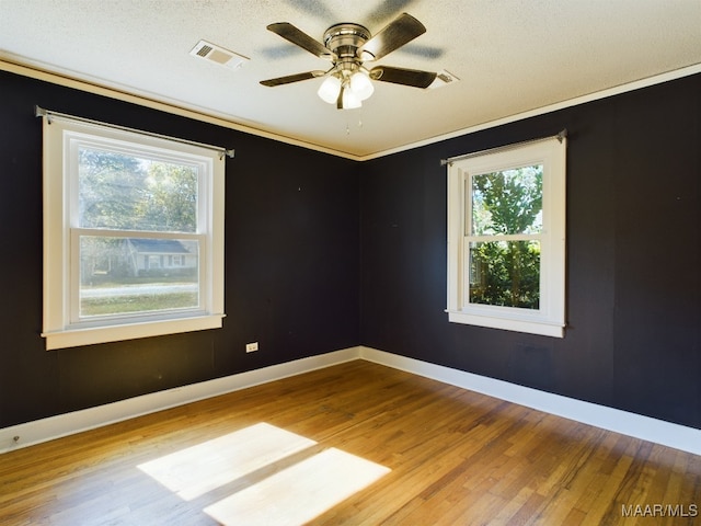 spare room featuring light hardwood / wood-style flooring, a textured ceiling, ceiling fan, and a wealth of natural light