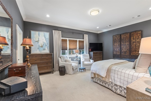 bedroom with light carpet and crown molding