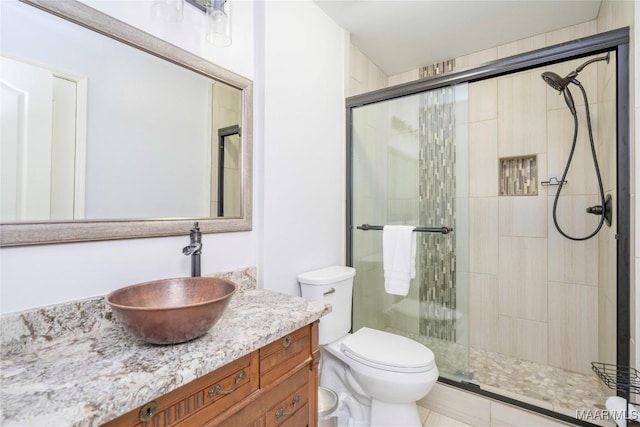 bathroom featuring vanity, toilet, and a shower with door