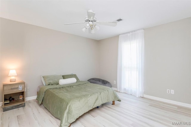 bedroom featuring ceiling fan and light wood-type flooring