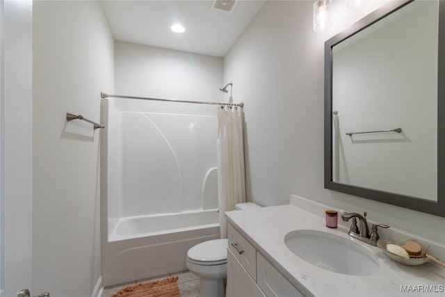 full bathroom with vanity, tile patterned flooring, toilet, and shower / bathtub combination with curtain