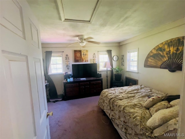 bedroom featuring multiple windows, carpet floors, and ceiling fan