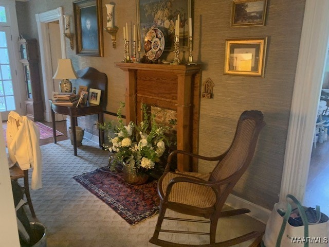 sitting room with carpet floors