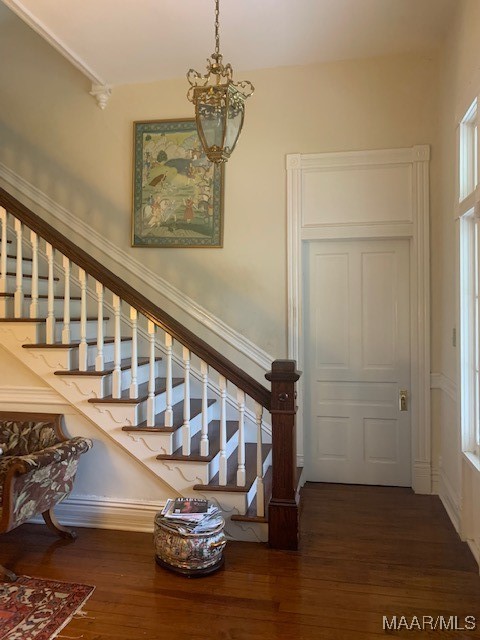 stairs with a notable chandelier and wood-type flooring