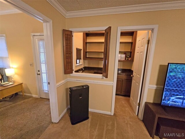 carpeted office with a textured ceiling and crown molding