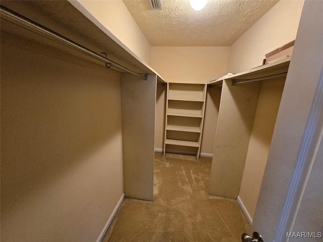 walk in closet featuring light carpet