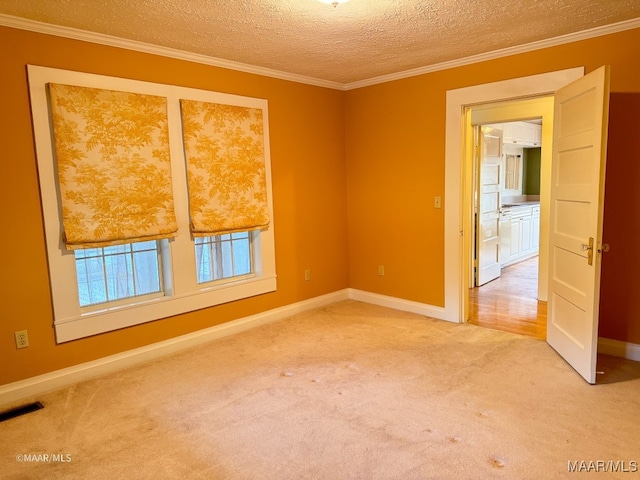 empty room featuring carpet floors, a textured ceiling, and ornamental molding