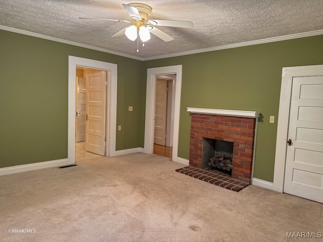 unfurnished living room with light carpet, a textured ceiling, a fireplace, and crown molding