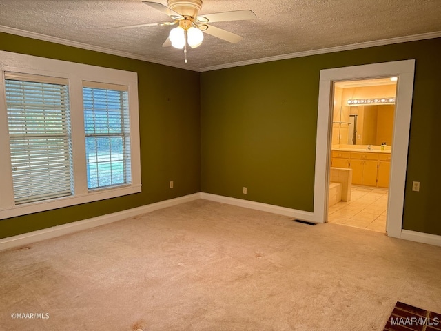 spare room with a textured ceiling, crown molding, and light carpet