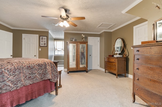 carpeted bedroom featuring crown molding, a textured ceiling, and ceiling fan