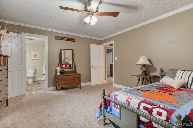 carpeted bedroom with ensuite bath, crown molding, a textured ceiling, and ceiling fan