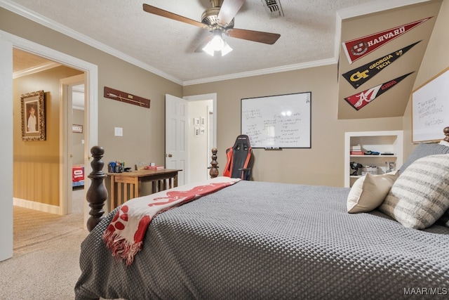 carpeted bedroom featuring crown molding, a textured ceiling, and ceiling fan