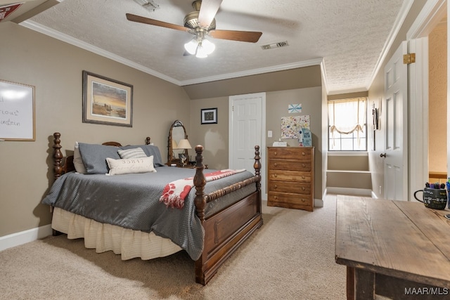 carpeted bedroom featuring crown molding, a textured ceiling, and ceiling fan