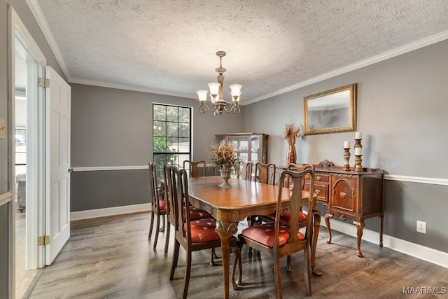 dining area with crown molding, hardwood / wood-style flooring, and a textured ceiling