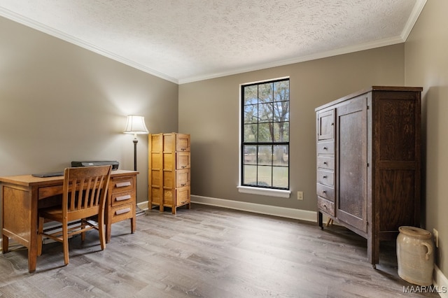 office area with crown molding, a textured ceiling, and light wood-type flooring