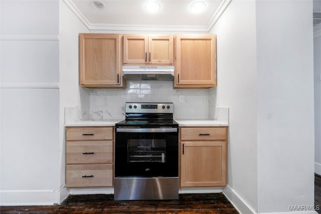 kitchen with crown molding, stainless steel range with electric cooktop, light brown cabinetry, and dark hardwood / wood-style flooring