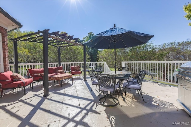 view of patio / terrace featuring an outdoor hangout area, outdoor dining space, a wooden deck, and a pergola