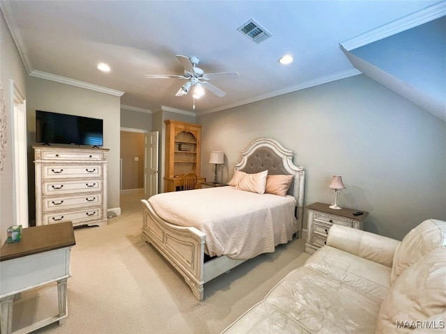 bedroom with ornamental molding, recessed lighting, visible vents, and light carpet