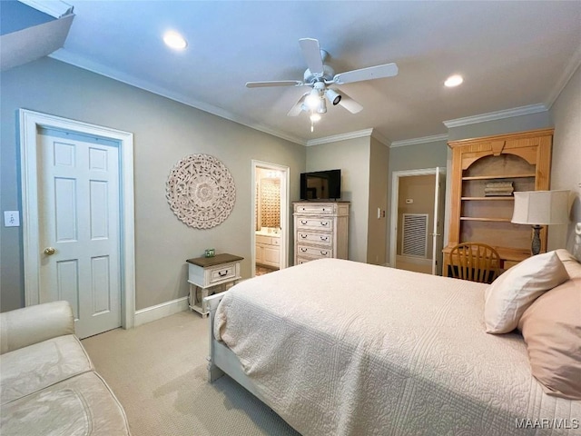 bedroom featuring crown molding, recessed lighting, visible vents, light carpet, and baseboards