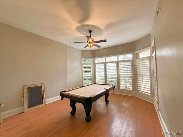 game room with ceiling fan, light wood-type flooring, billiards, and baseboards