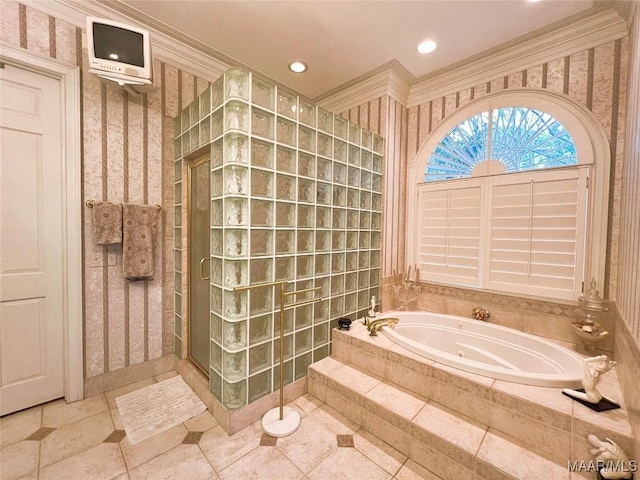 full bathroom with wallpapered walls, ornamental molding, a walk in shower, a bath, and recessed lighting