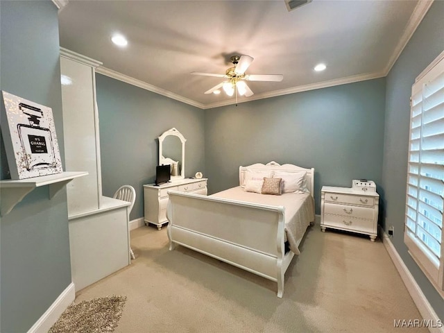 carpeted bedroom featuring multiple windows, crown molding, and ceiling fan