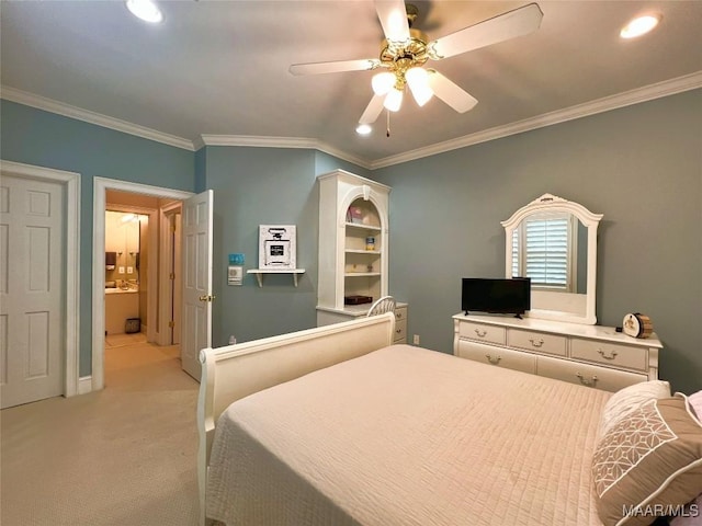 bedroom with ornamental molding, recessed lighting, light carpet, and a ceiling fan