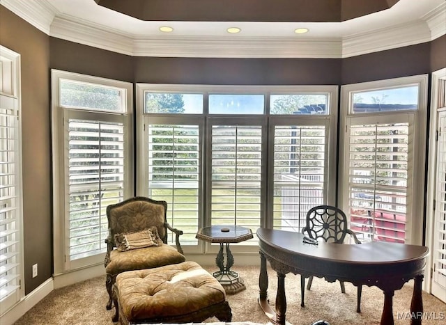 office with a healthy amount of sunlight, ornamental molding, and carpet floors