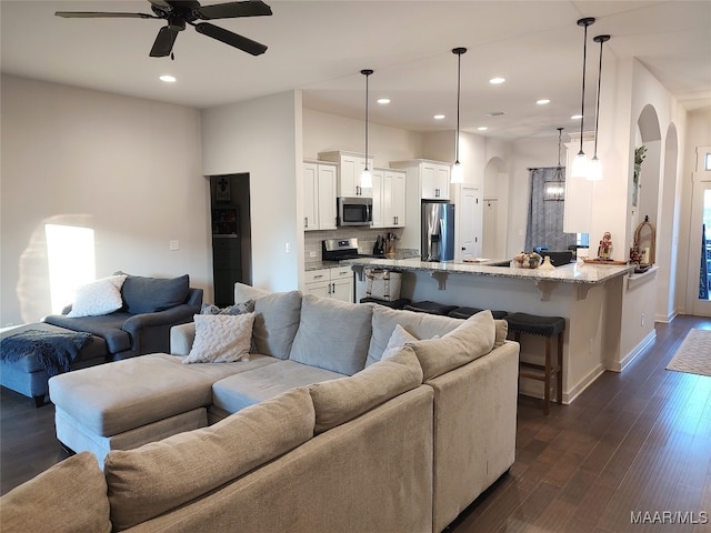 living room with dark hardwood / wood-style flooring and ceiling fan