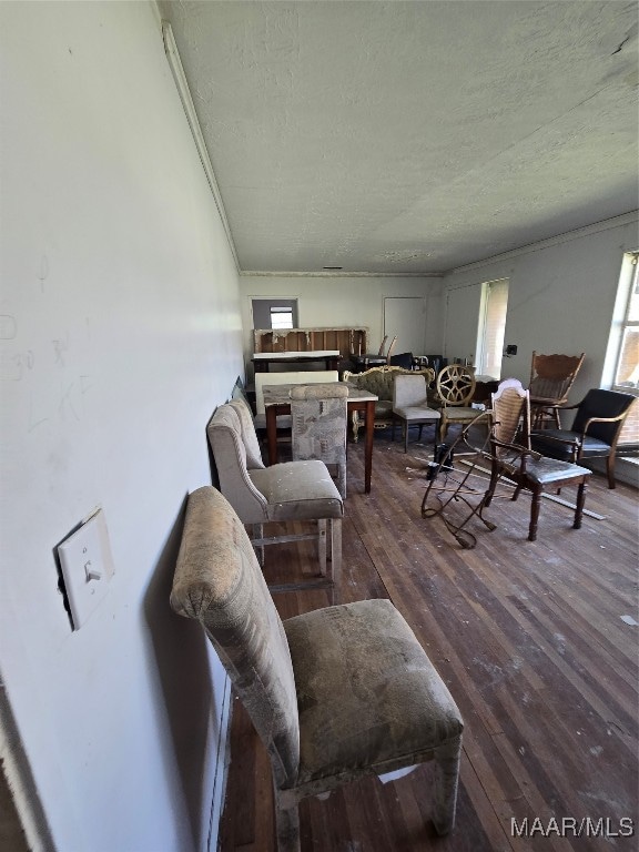 living room featuring a textured ceiling and wood-type flooring