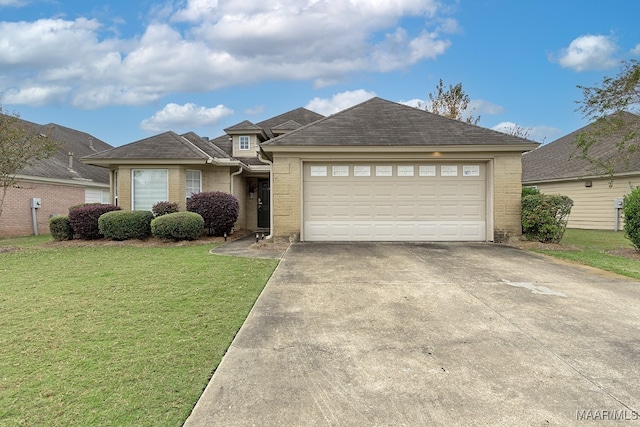 view of front of property with a front yard and a garage