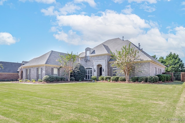 french country inspired facade featuring a front lawn