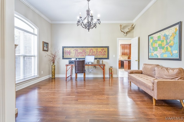 office featuring crown molding, a notable chandelier, and dark wood-type flooring