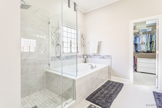 bathroom with crown molding, shower with separate bathtub, and tile patterned flooring