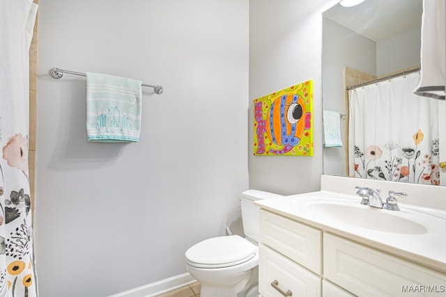 bathroom featuring vanity, toilet, tile patterned floors, and curtained shower