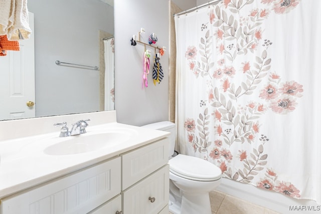 full bathroom featuring vanity, shower / bath combination with curtain, toilet, and tile patterned floors