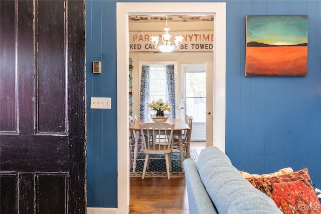 dining area with wood walls and hardwood / wood-style floors