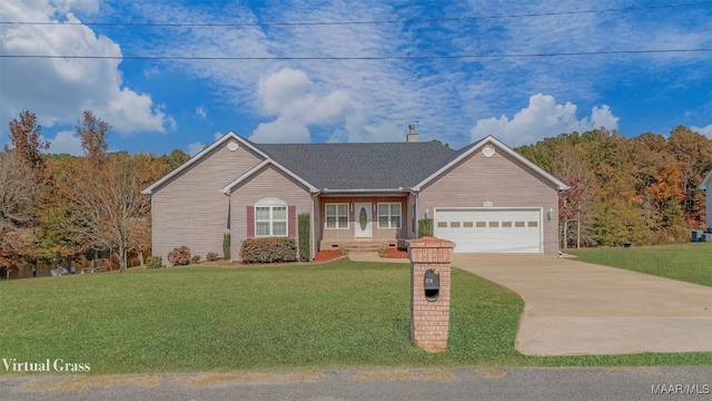 single story home with a front yard and a garage