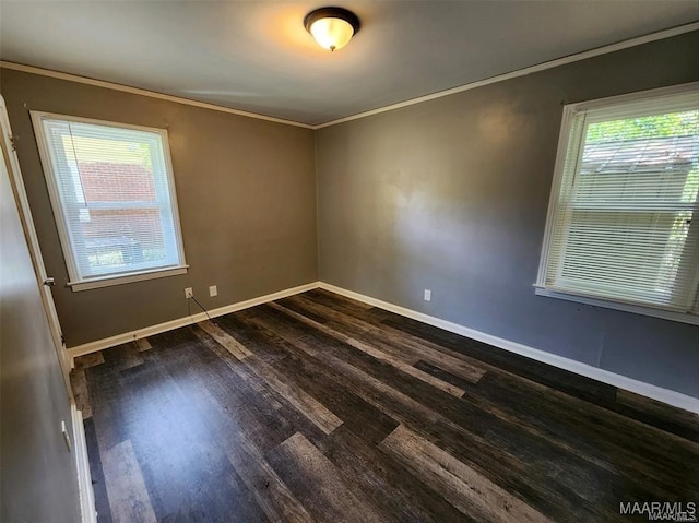 empty room with dark hardwood / wood-style flooring, crown molding, and plenty of natural light