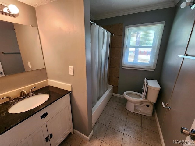 full bathroom featuring shower / bathtub combination with curtain, toilet, vanity, crown molding, and tile patterned flooring