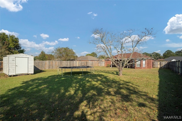 view of yard with a storage unit and a trampoline